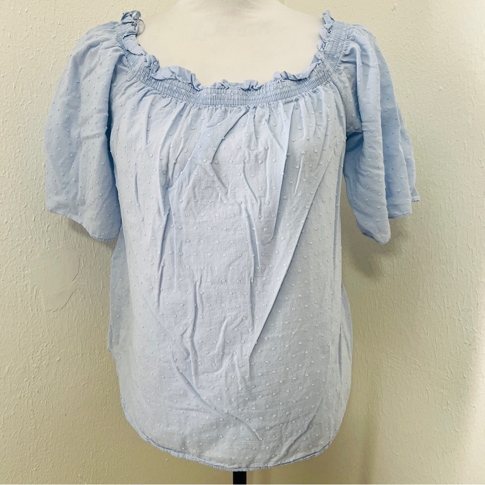 H&M Women’s Size 12 Light Blue Textured Blouse Ruffle Off Shoulder EUC Casual
